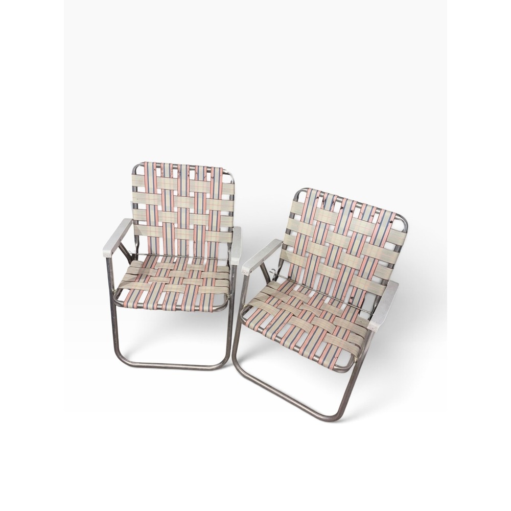 Vintage Webbed Folding Lawn Chairs Set of 2 Pink Blue Stripe Aluminum Retro